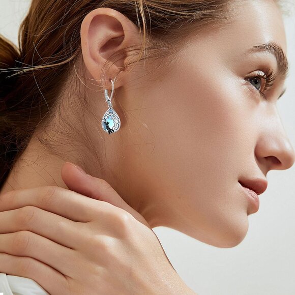 925 Sterling Silver Cat Tree of Life Earrings with Moonstone for Women Jewelry - Picture 5 of 7